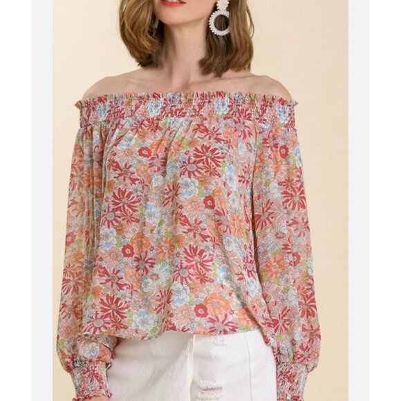 Artistic works by Lu floral off the shoulder semi sheer blouse top size medium - Picture 1 of 11
